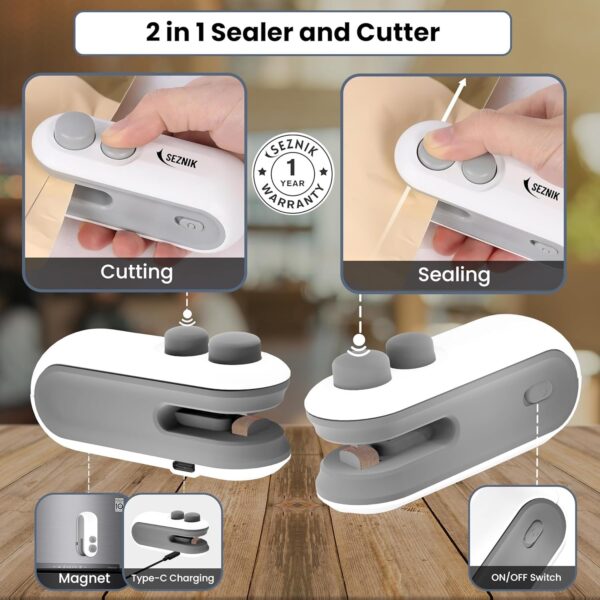 Seznik Portable Mini Sealing Machine, Handheld Packet Sealer for Food, Snacks, Chips, Fresh Storage, Plastic Bags Sealing Machine, 1 YEAR Warranty (White) - Image 3
